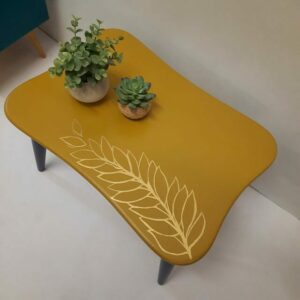 Ann's Art and Living-Vintagetisch-Upcycling-gelb-dunkelblau-gold-Blatt-handgearbeitet