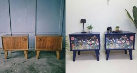 Vorher_Nachher_Annis Art and Living_Vintagemöbel_Nachtkästchen_Nachttisch_ausaltmachneu_Blau_Blumen_Upcycling_Wien_Interiordesign