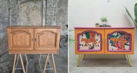 Vorher_Nachher_Anni's Art and Living_Möbelupcycling_Leopard_Kommode_Sideboard_Nachtkästchen_farbenfroh_einzigartig_ausaltmachneu_nachhaltig_Interiordesign_Wien